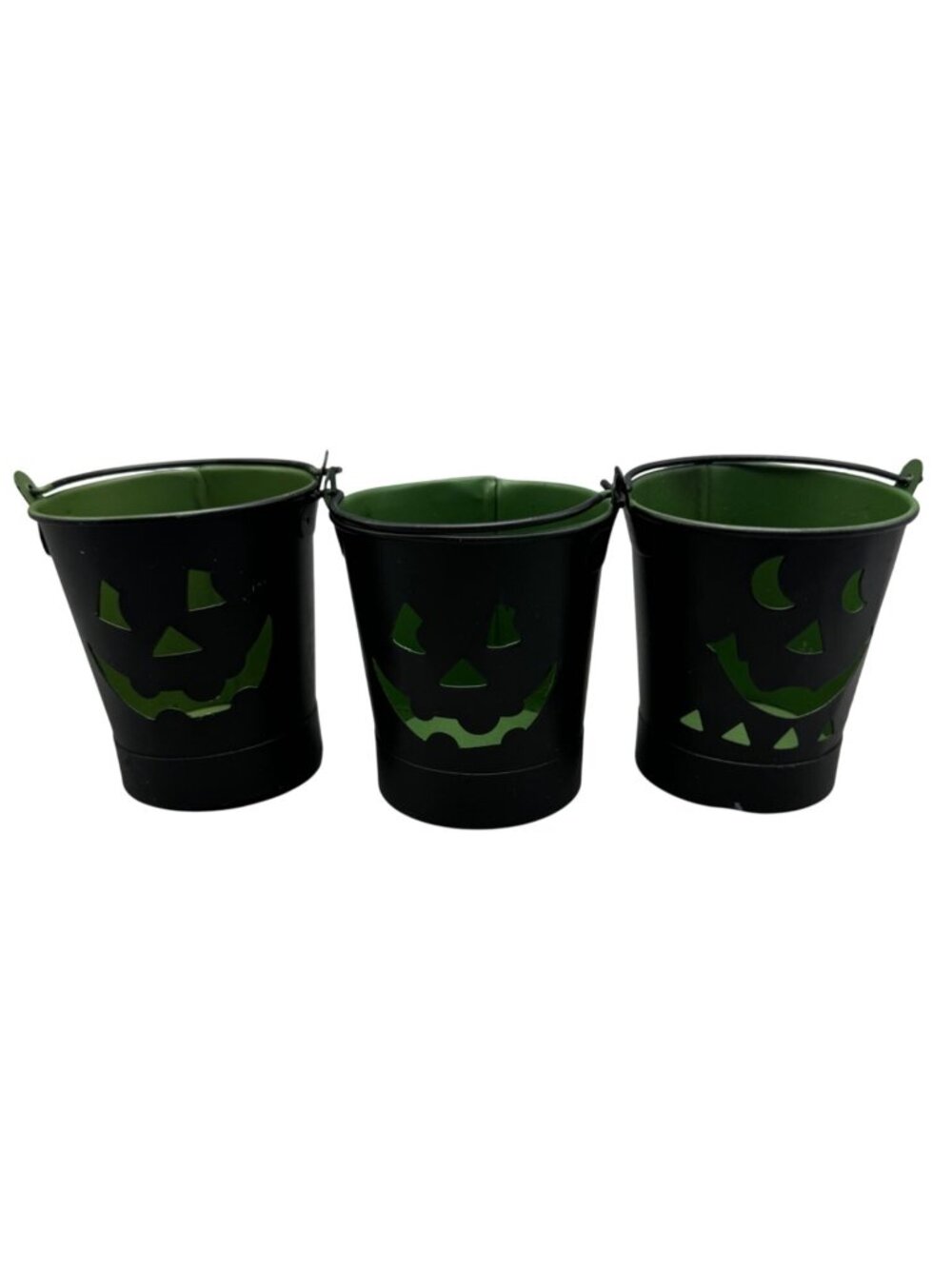 Set Of 3 Black Metal Buckets Green Jack-O-Lantern Tea light candle holders READ